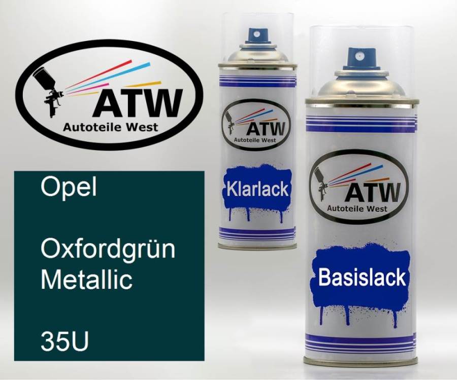 Opel, Oxfordgrün Metallic, 35U: 400ml Sprühdose + 400ml Klarlack - Set, von ATW Autoteile West.